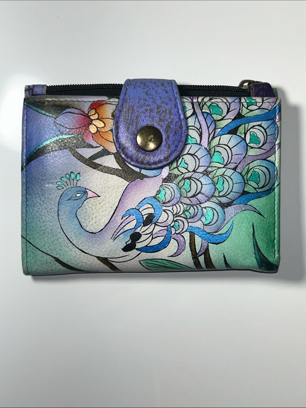 NWT Genuine Leather Hand Painted Peacock Design Anuschka Brand Wallet - Picture 3 of 9